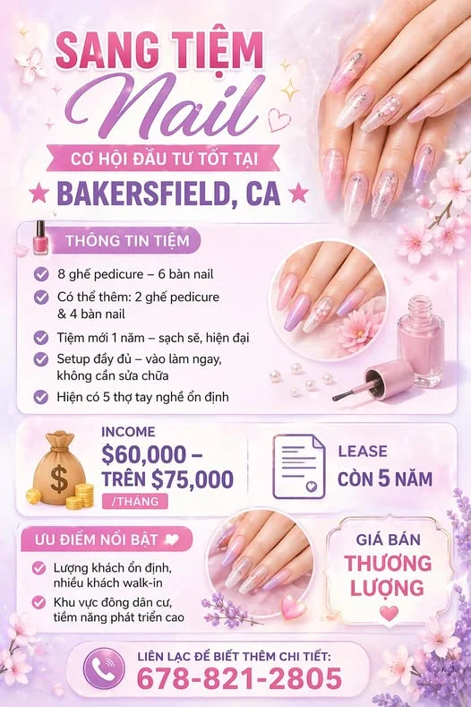 Sang Tiệm Nail - Cơ hội đầu tư tốt tại Bakersfield, CA